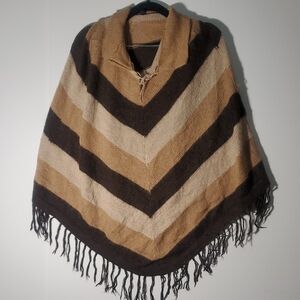 Alpaca Fina Brown Tan, And Cream Striped Poncho One Size